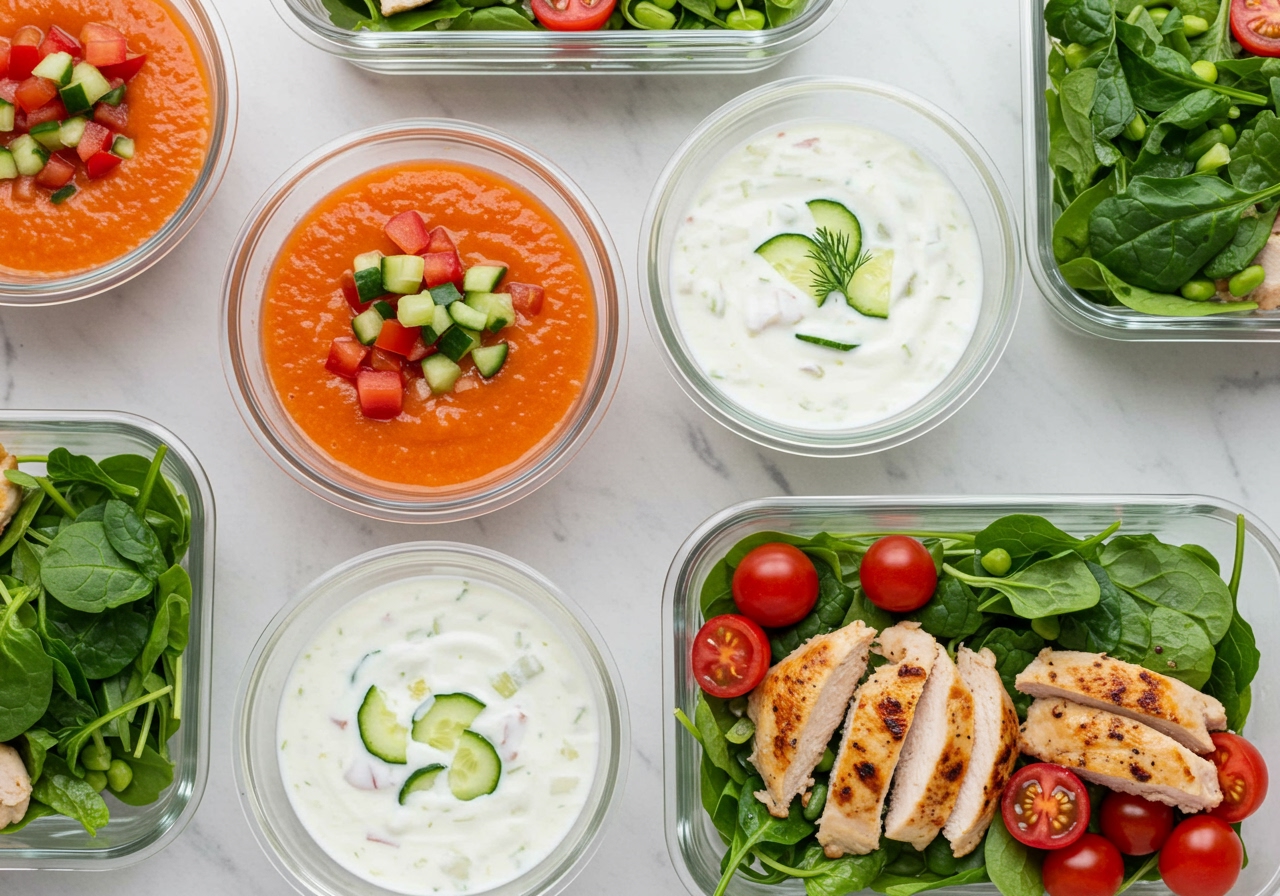 Various cold soups and salads prepared and portioned in glass containers, illustrating meal prep.