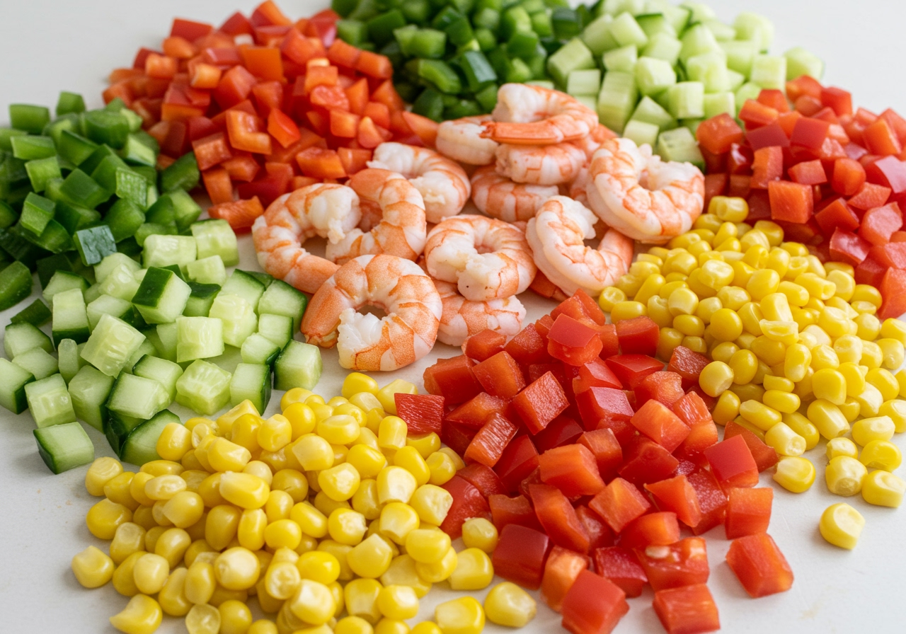 Various colourful chopped vegetables and proteins neatly arranged before being mixed into a chopped salad.