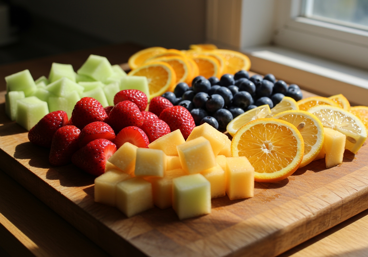 Various cut fruits including berries, citrus slices, and melon cubes arranged neatly on a cutting board, ready for cocktails.