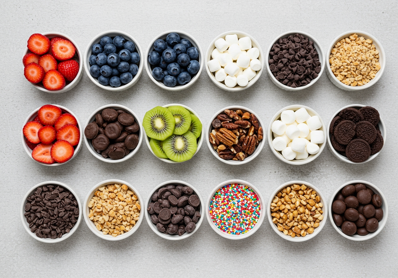 Various dessert pizza toppings laid out in small bowls: sliced fresh strawberries, blueberries, kiwi, chocolate chips, mini marshmallows, chopped nuts, and sprinkles.