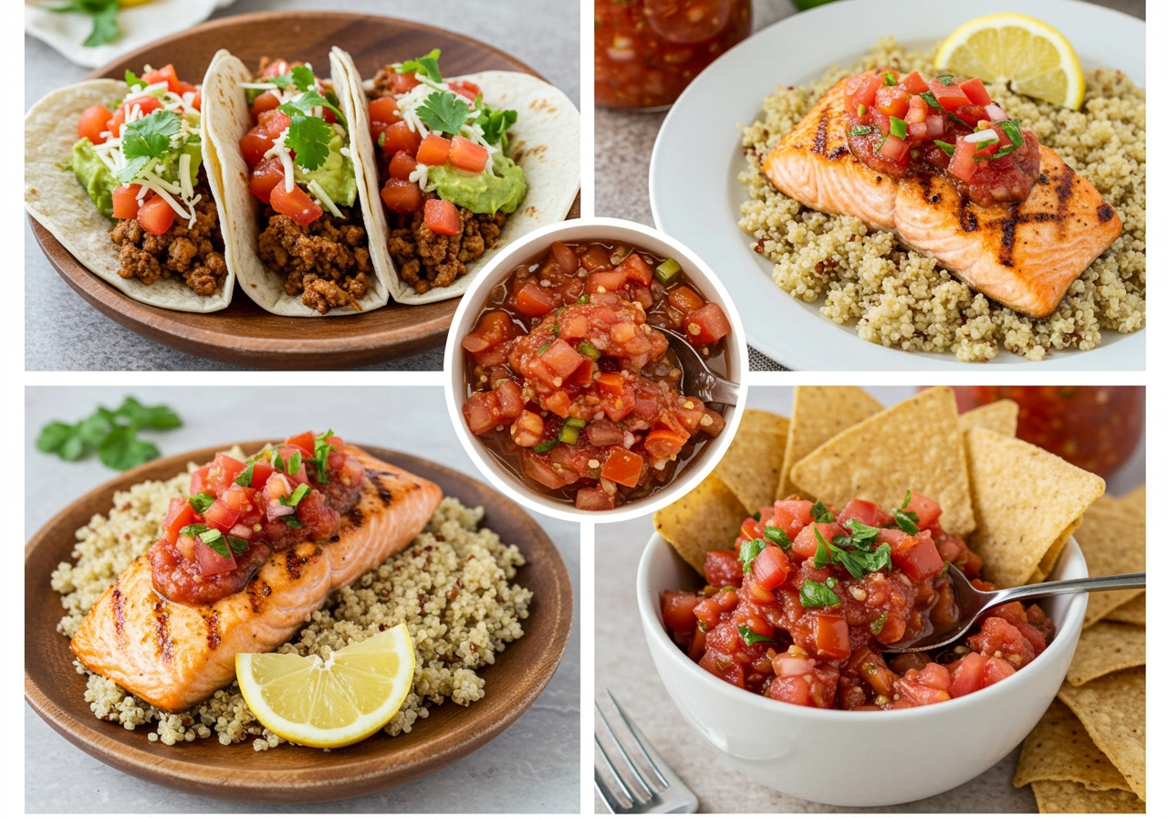 Various dishes using roasted tomato salsa, such as tacos, grilled fish, and a simple bowl of the salsa with tortilla chips.