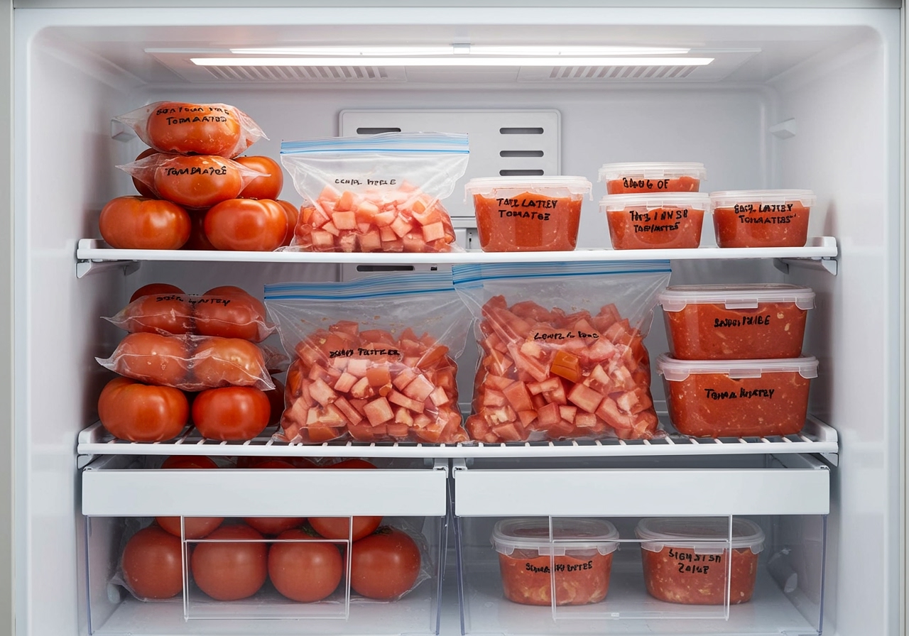 Various forms of tomatoes (whole, diced, pureed) neatly organized in freezer-safe bags and containers in a freezer.
