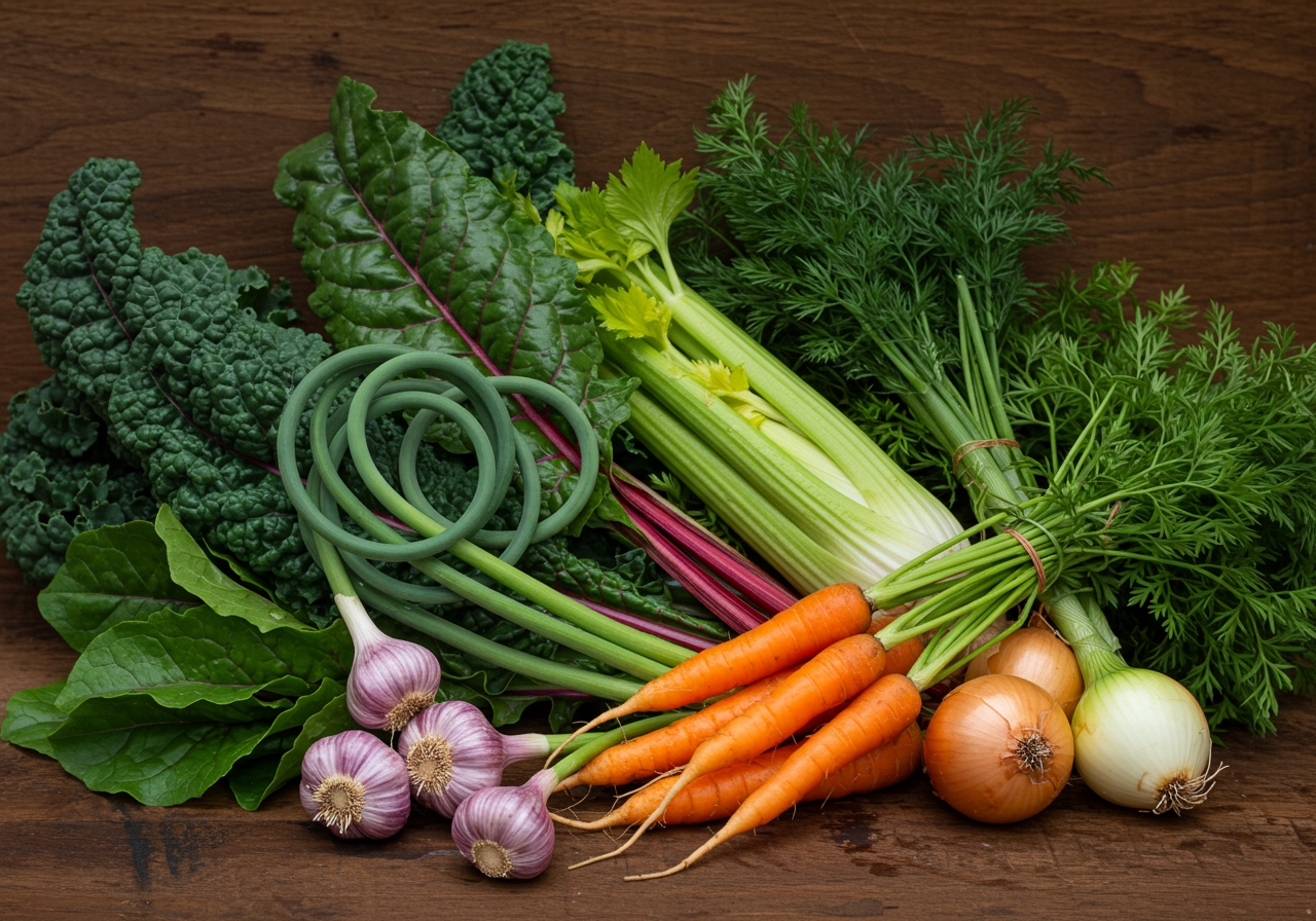 Various fresh, colorful seasonal vegetables like kale, chard, garlic scapes, carrots, celery, and onions arranged artfully on a wooden surface.