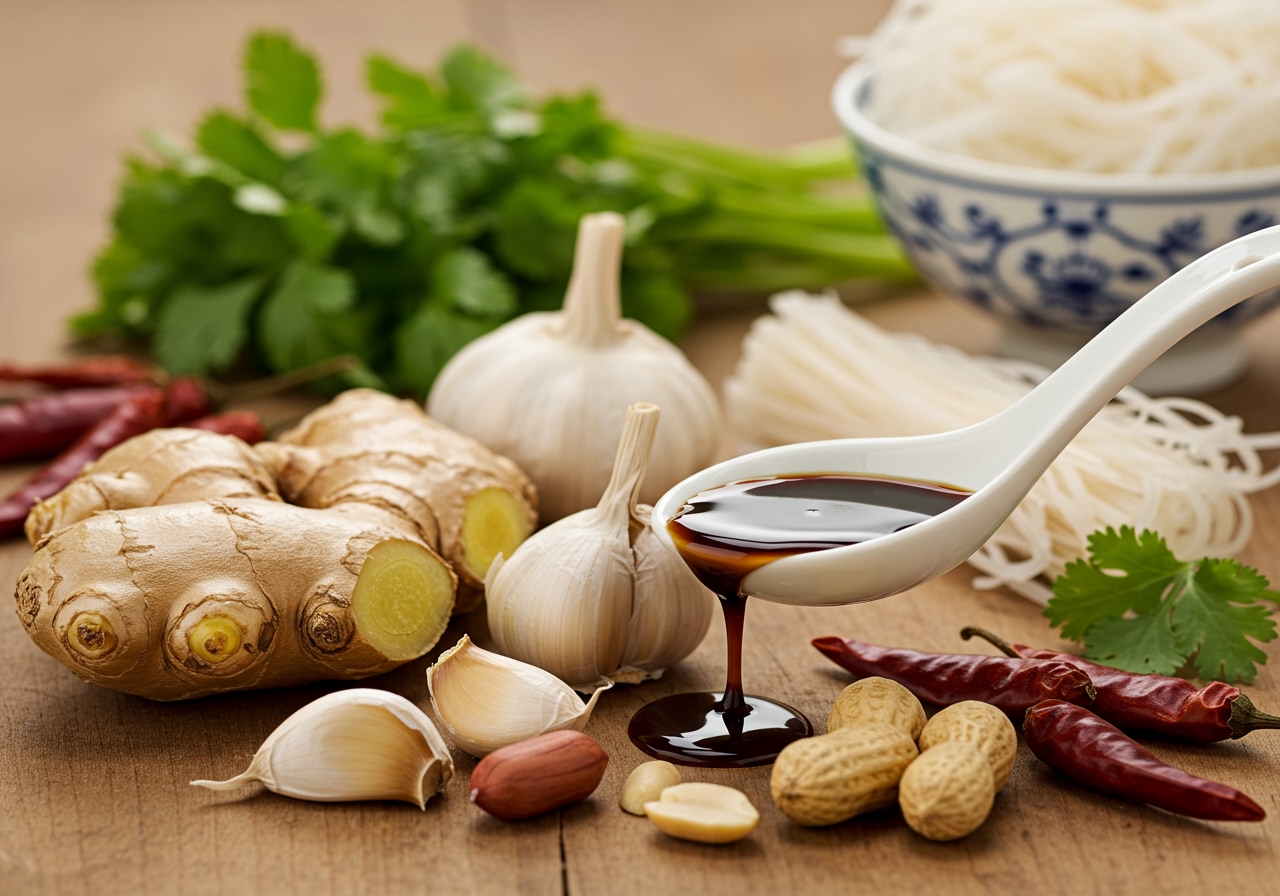 Various fresh ingredients commonly used in Asian cooking, such as ginger, garlic, soy sauce, peanuts, and chili.