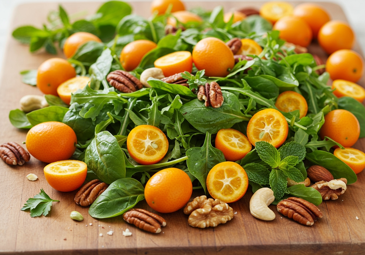 Various fresh ingredients for kumquat salad, including mixed greens, kumquats, nuts, and herbs, arranged on a wooden board.