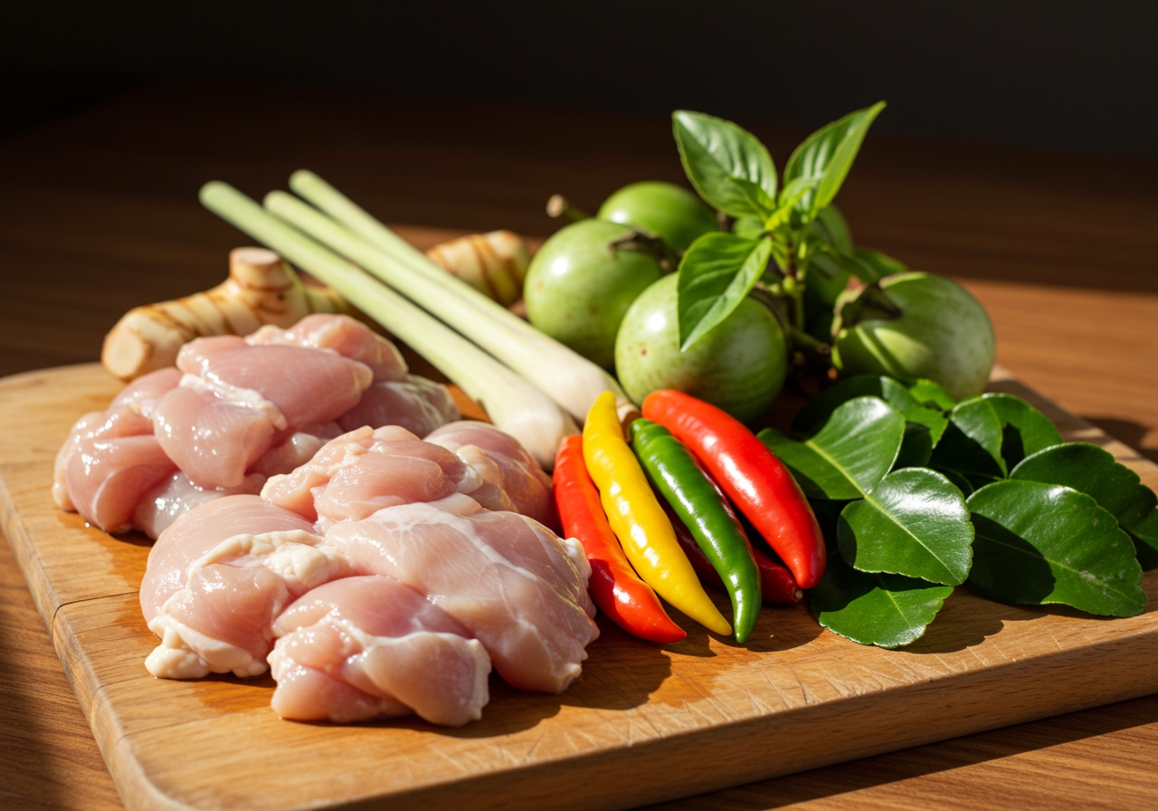 Various fresh ingredients for Thai green curry laid out on a chopping board, including chicken pieces, Thai eggplants, bell peppers, basil, lemongrass, galangal, kaffir lime leaves.