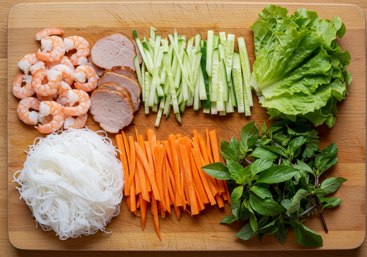Various fresh ingredients for Vietnamese spring rolls laid out on a cutting board: sliced cooked shrimp, thin strips of cooked pork, vermicelli noodles, shredded lettuce, carrots, cucumber, and a pile of fresh herbs like mint and basil.