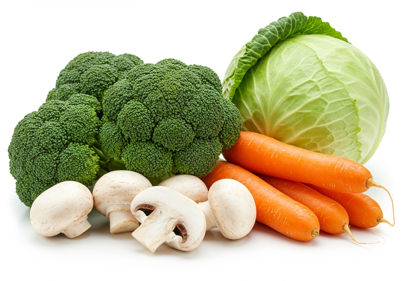 Various fresh vegetables suitable for steaming: broccoli, carrots, mushrooms, cabbage.