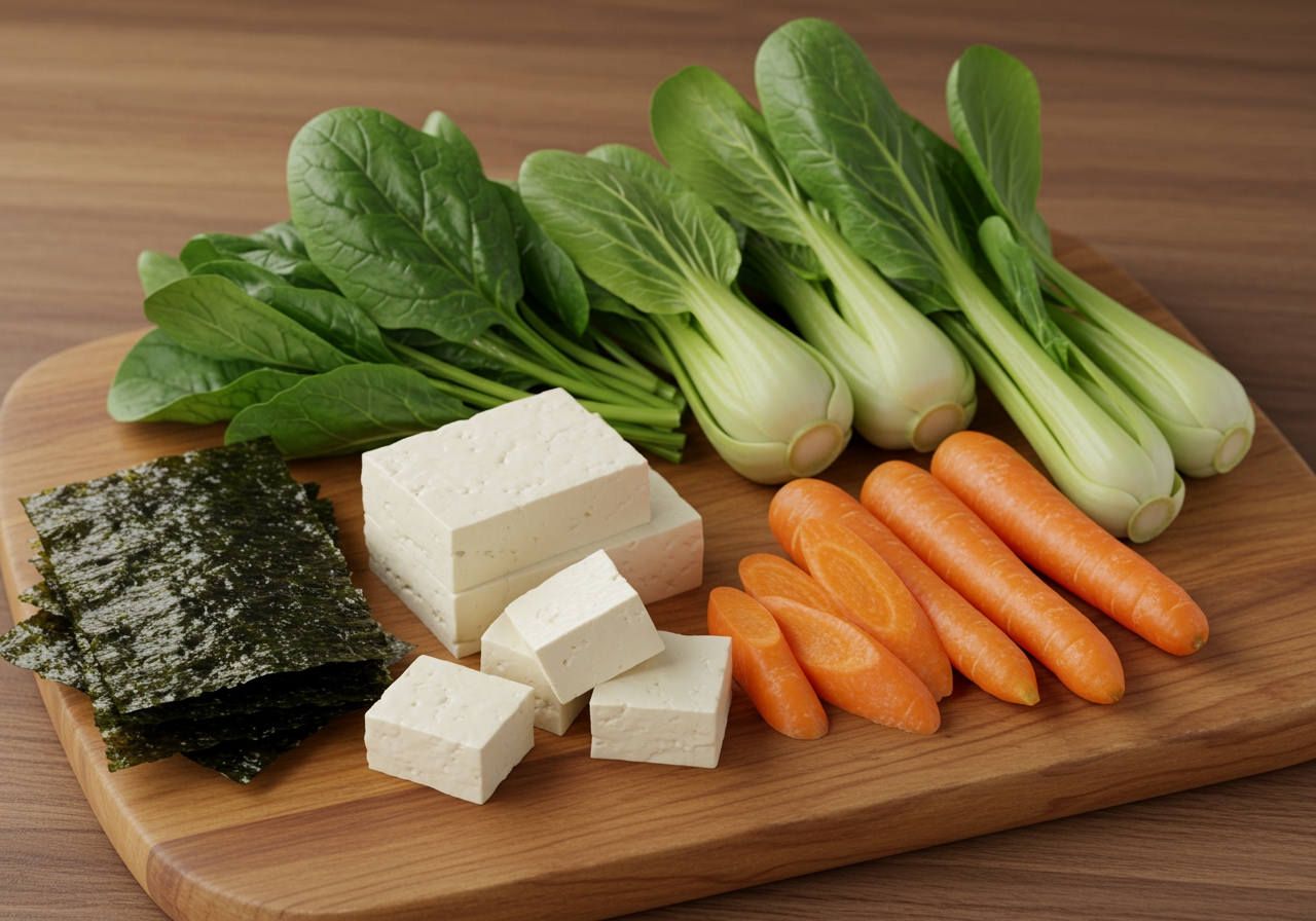 Various fresh vegetables, tofu, and dried seaweed arranged neatly, ready to be added to miso soup.