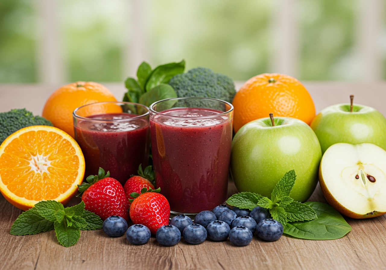 Various fruits and vegetables suitable for smoothies scattered on a table