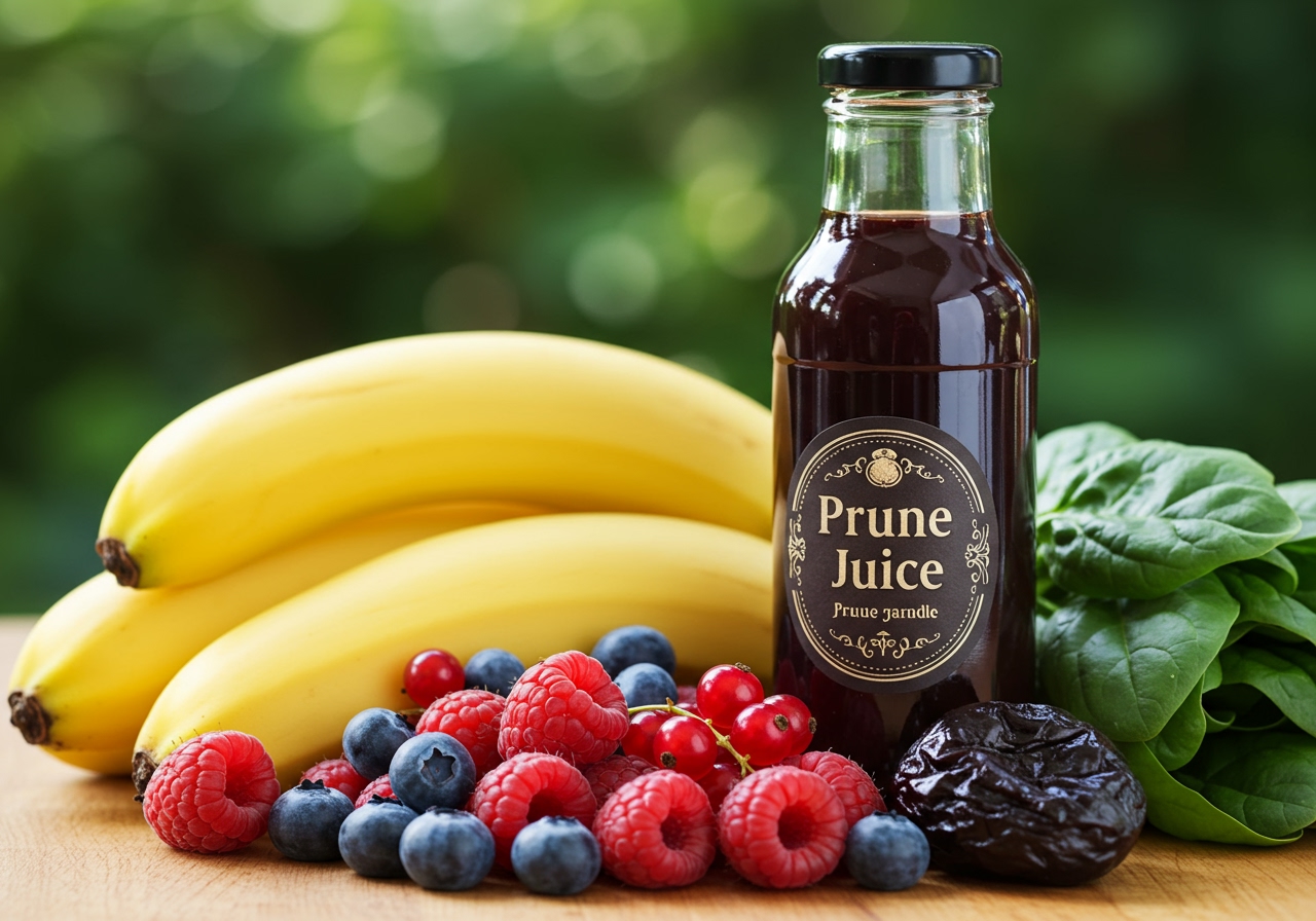 Various fruits like bananas, berries, and spinach next to a bottle of prune juice, ready for making a smoothie