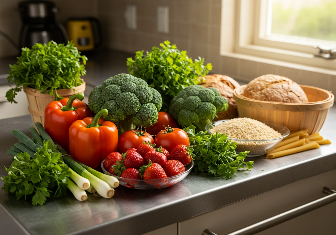 Various healthy ingredients for meal preparation arranged on a counter
