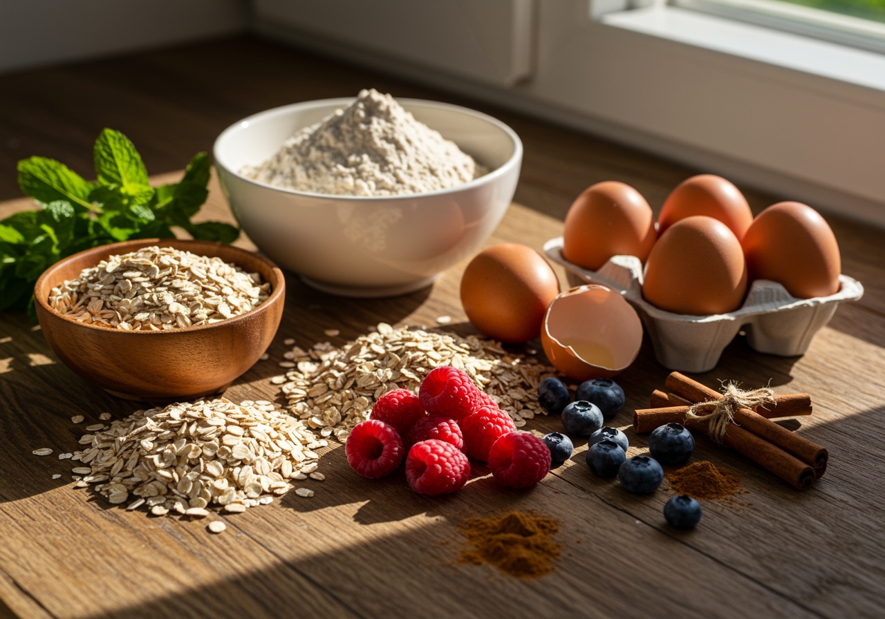 Various healthy pancake ingredients laid out on a wooden table, such as whole wheat flour, oats, eggs, and berries.