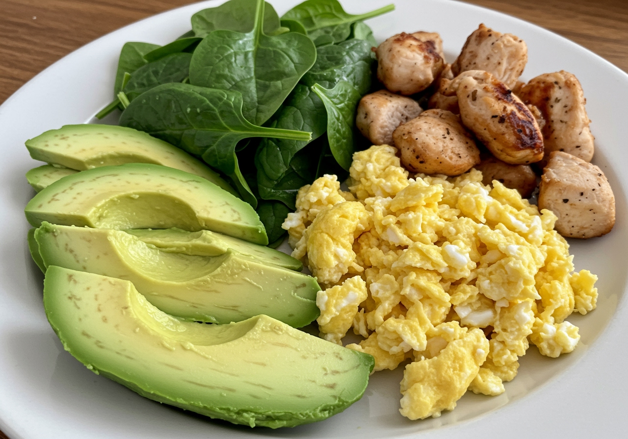 Various healthy sandwich fillings like sliced avocado, spinach, grilled chicken pieces, and scrambled eggs on a plate.