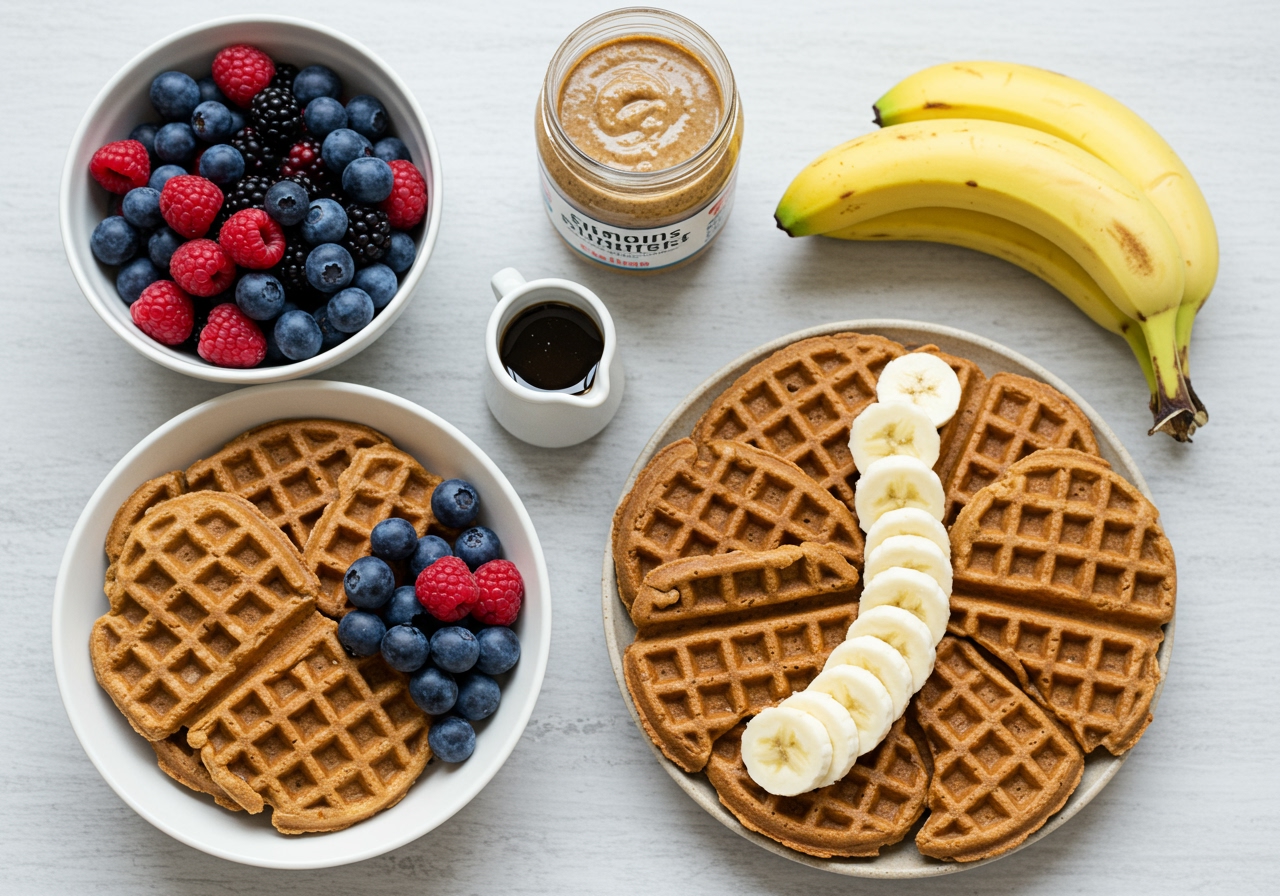 Various healthy toppings for almond flour waffles displayed beautifully: a bowl of fresh mixed berries, a jar of almond butter, sliced bananas, and a small jug of sugar-free syrup.