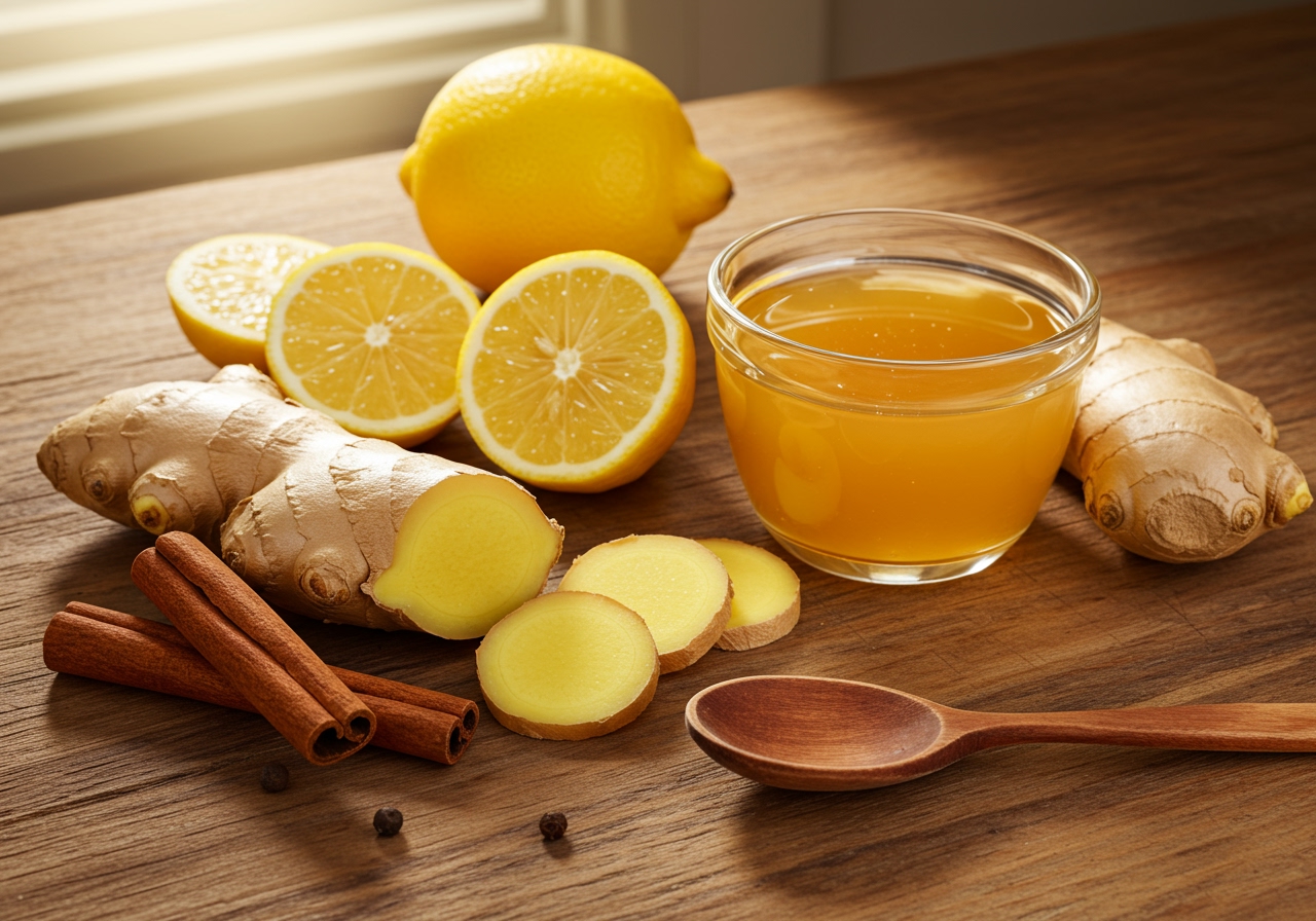 Various ingredients for ginger tea laid out on a wooden table: sliced fresh ginger, honey, lemon slices, cinnamon sticks.