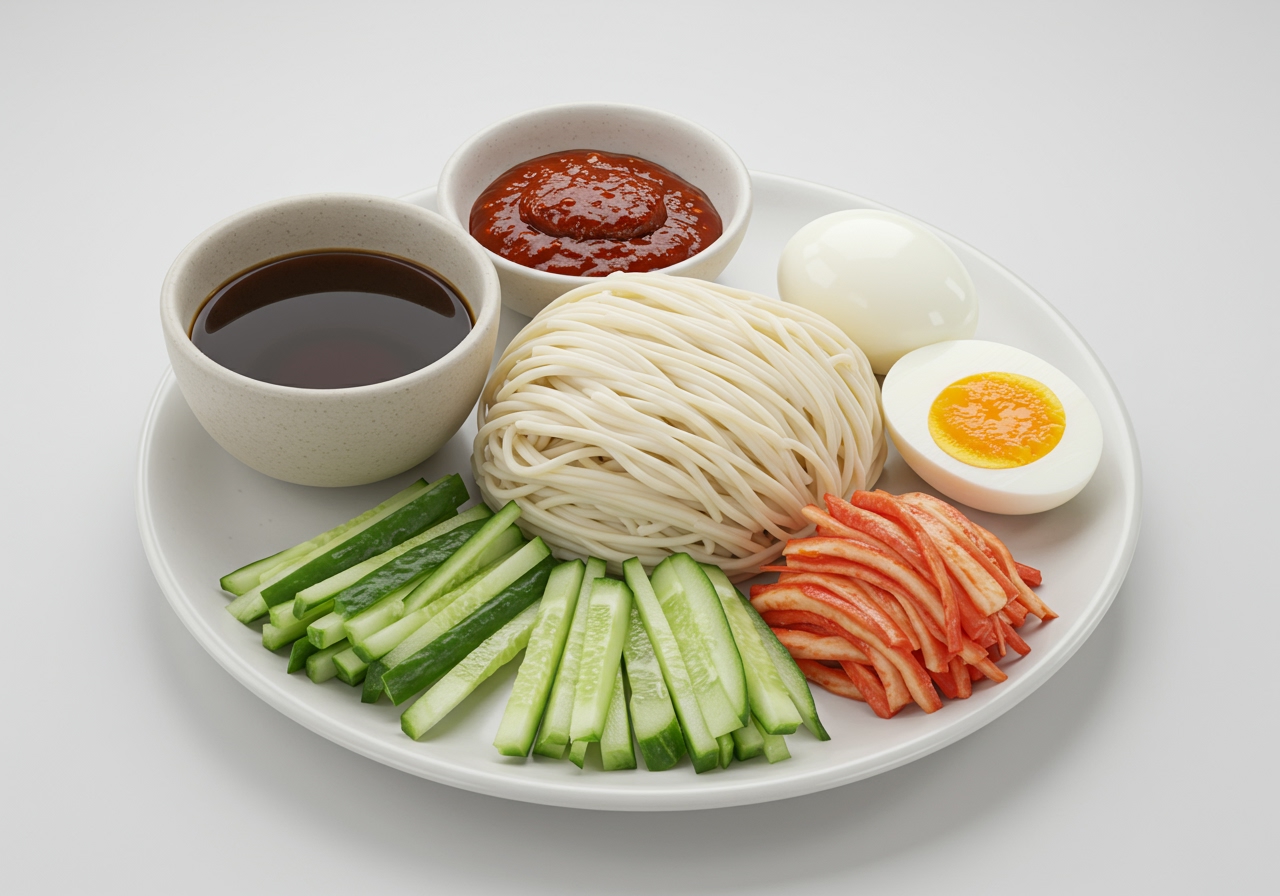 Various ingredients for making Milmyeon laid out: wheat noodles, beef broth, spicy sauce, cucumber, pickled radish, boiled egg
