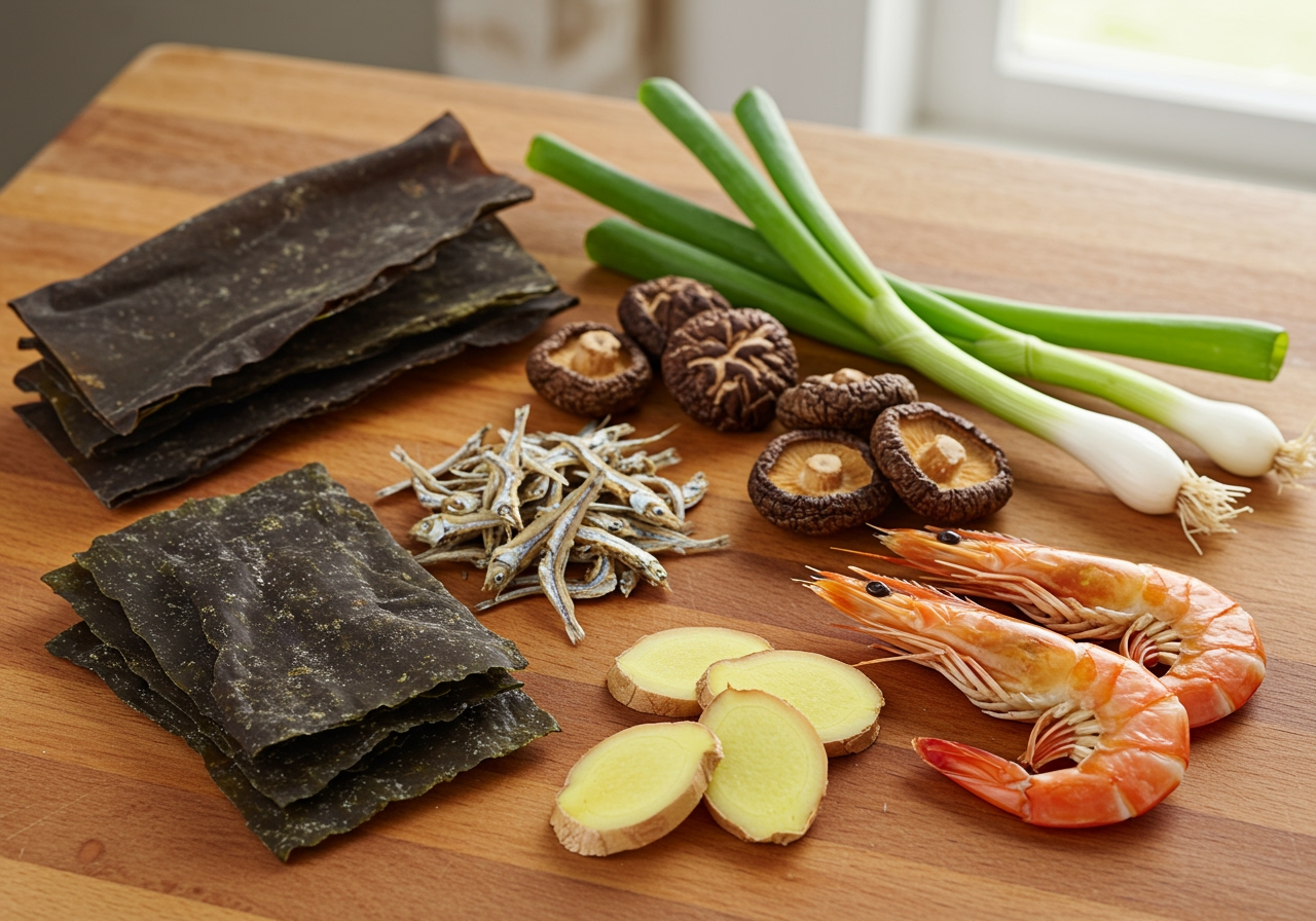 Various ingredients for making seafood broth laid out on a wooden table: dried kombu, dried anchovies, dried shiitake mushrooms, green onions, ginger slices, and shrimp heads.