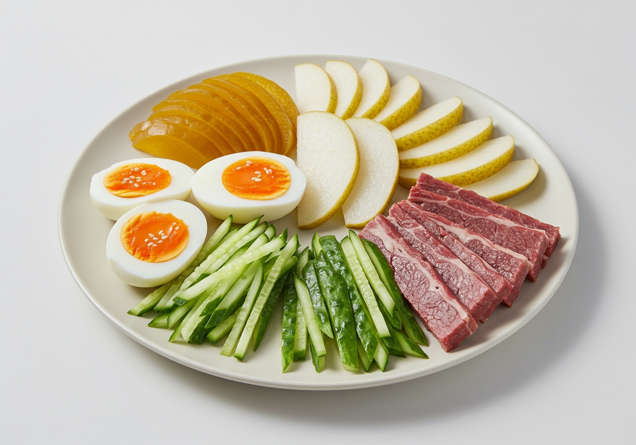 Various ingredients for Naengmyeon toppings laid out: julienned cucumber, sliced Korean pear, pickled radish slices, boiled eggs cut in half, and sliced cold beef.