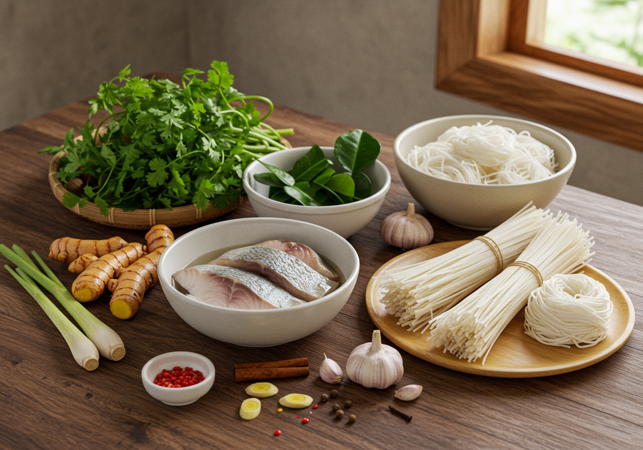 Various ingredients laid out for the cold Mohinga-style recipe, including fish, noodles, herbs, and spices.