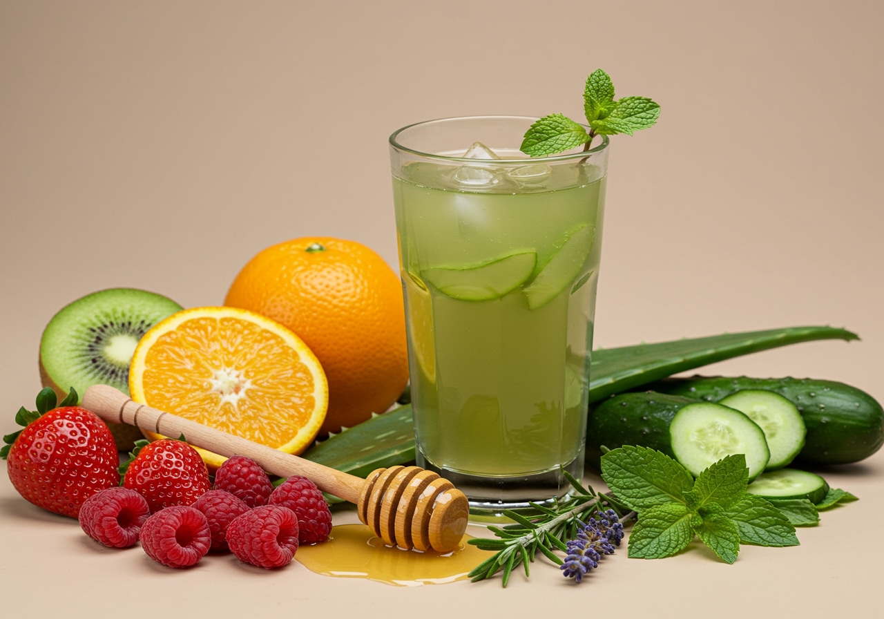 Various ingredients like fruits, vegetables, honey, and herbs around a glass of aloe vera juice, illustrating ways to improve its taste.