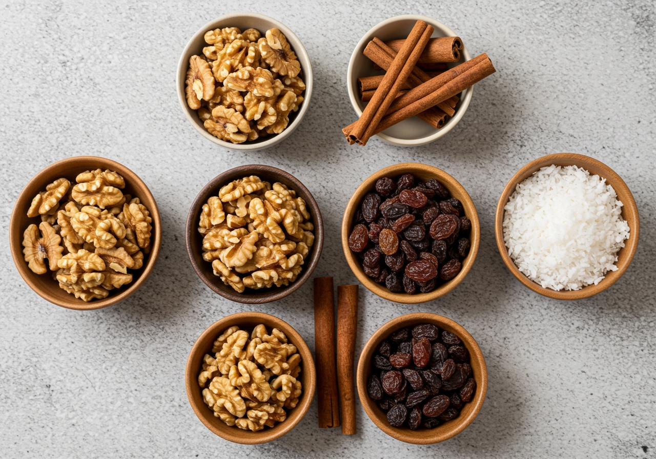 Various mix-ins for oatmeal cookies, such as walnuts, raisins, cinnamon sticks, and shredded coconut, arranged in small bowls.