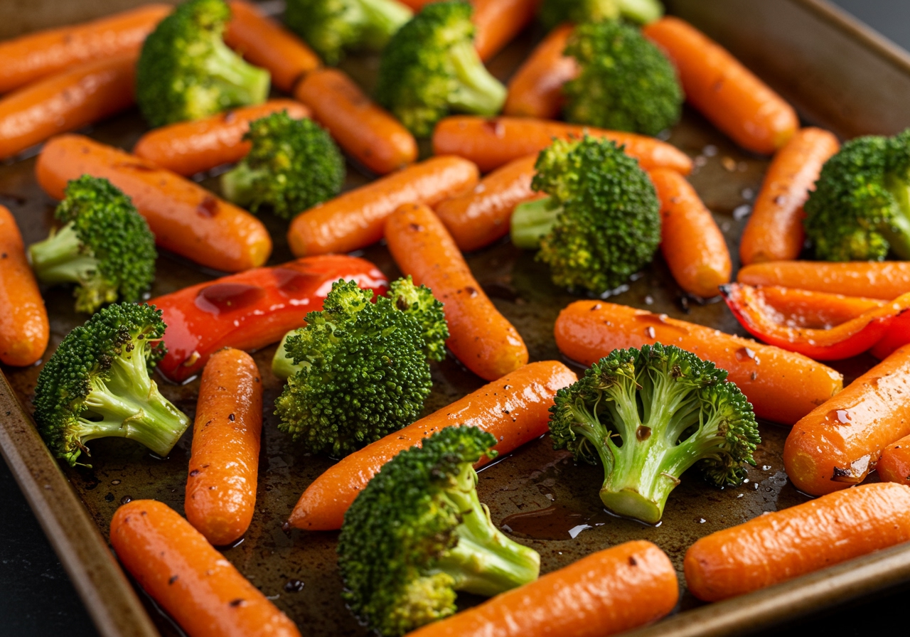 Various roasted vegetables (broccoli, bell peppers, carrots) on a baking sheet, glistening with maple balsamic vinaigrette.