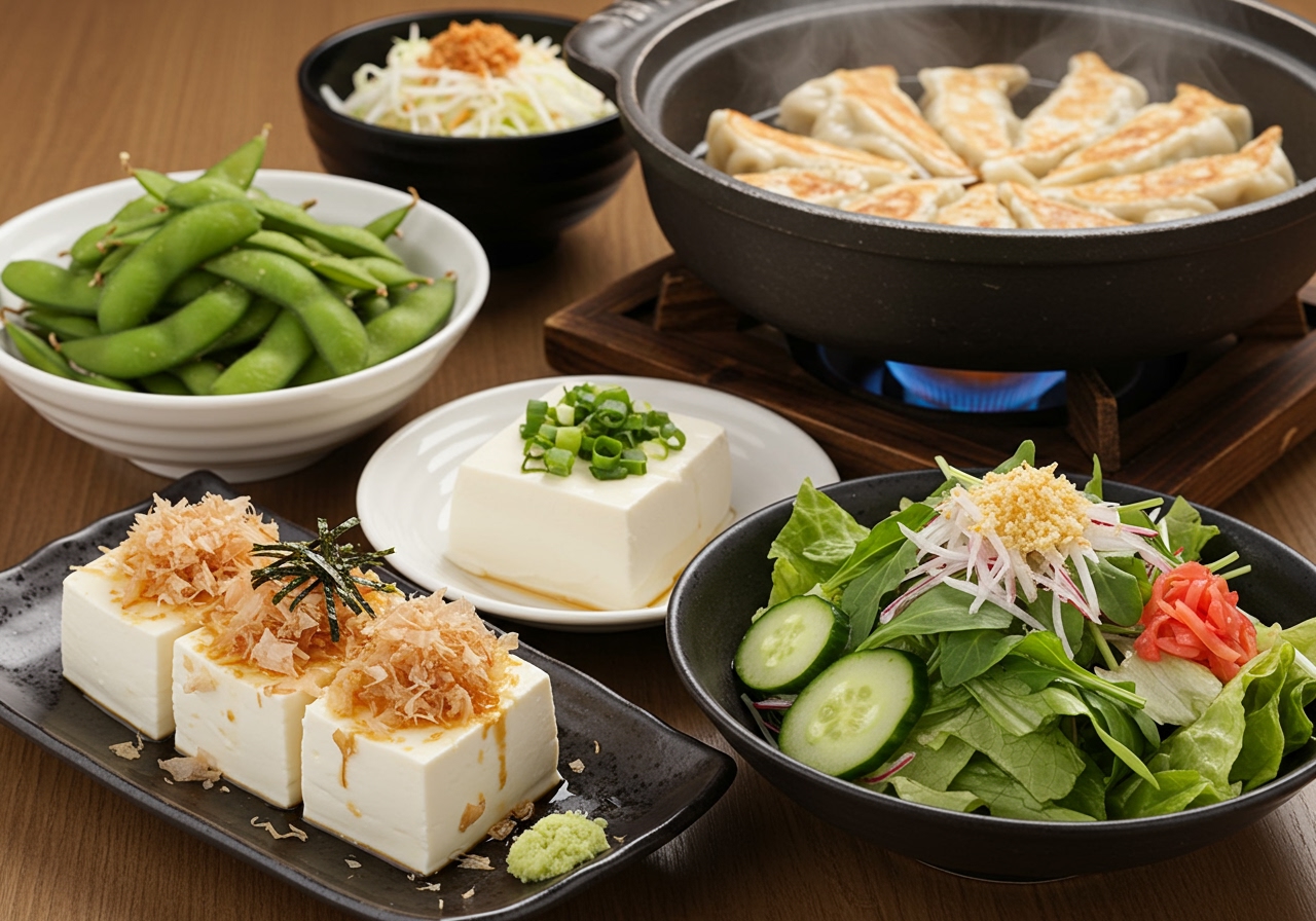 Various side dishes commonly found in Japanese izakaya, such as edamame, cold tofu, and a small salad, arranged around a central dish