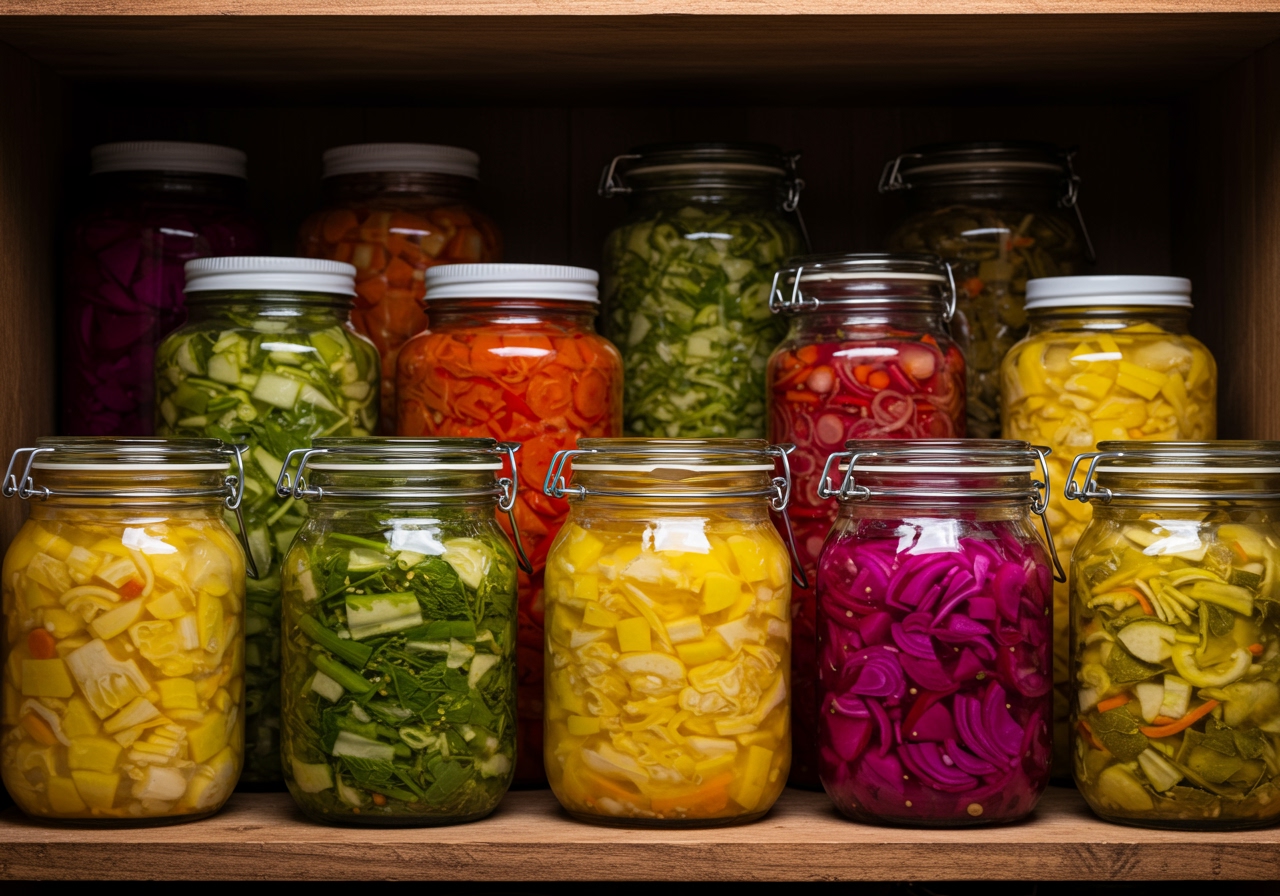 Various sizes of glass jars filled with colorful fermented vegetables, including sauerkraut, stored on a shelf.