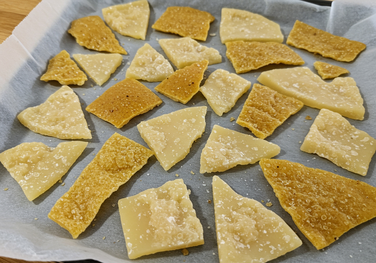 Various sizes of Parmigiano Reggiano rinds being placed onto a parchment-lined baking sheet, ready for baking.