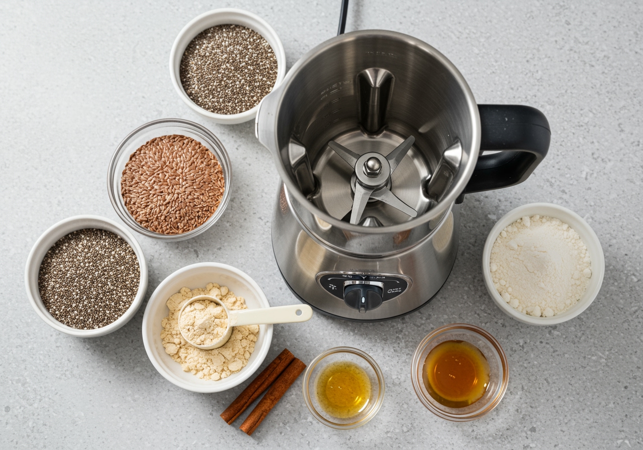 Various small bowls containing potential smoothie additions like chia seeds, flax seeds, protein powder, cinnamon stick, and perhaps a small amount of honey, arranged around a blender.