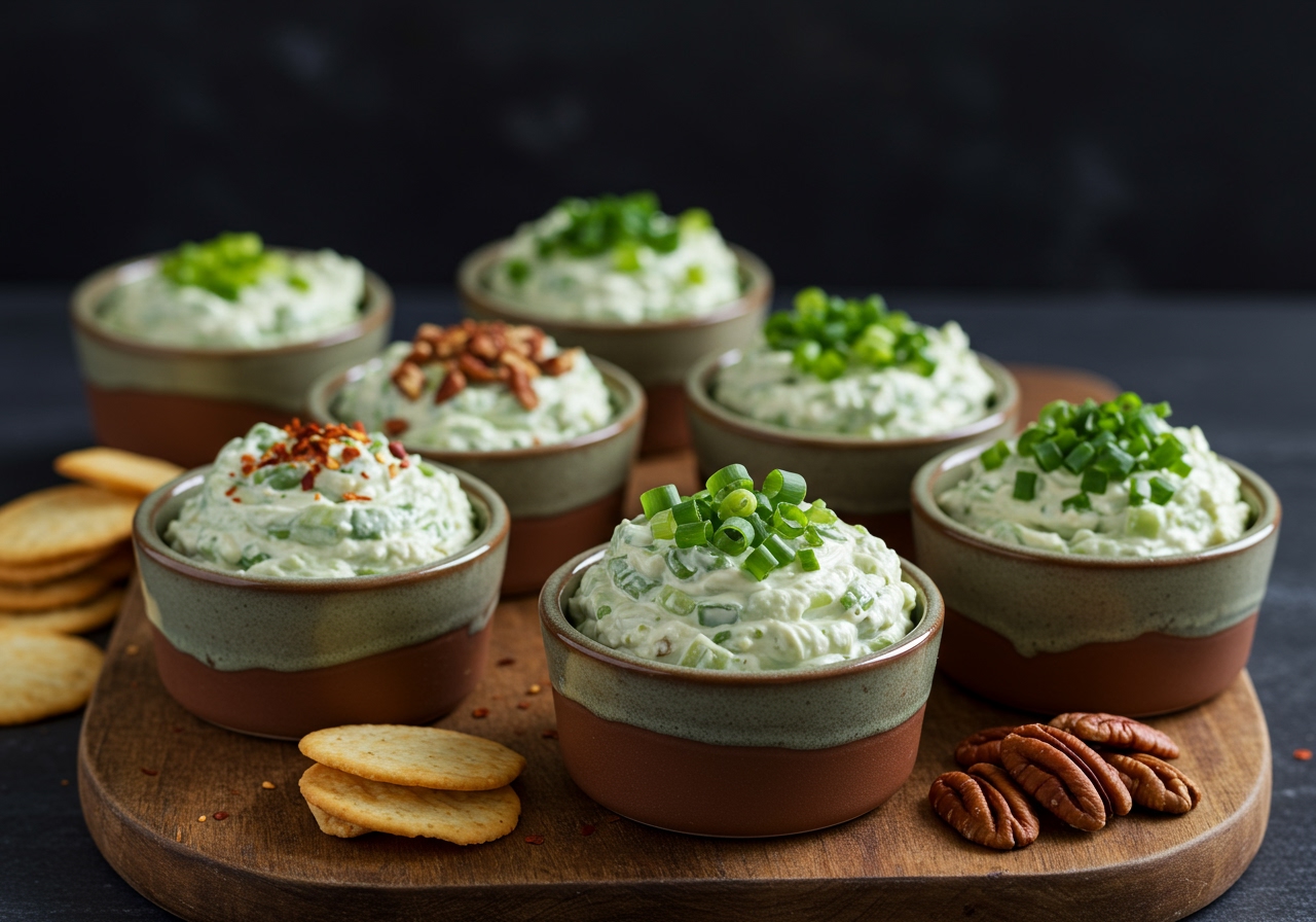 Various small bowls of different flavored green onion cream cheese dips, each with a unique garnish (e.g., chili flakes, fresh herbs, nuts).
