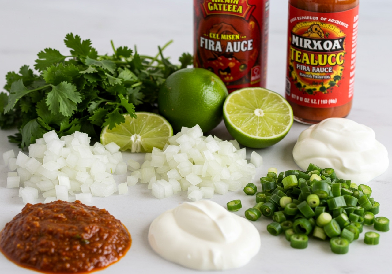 Various toppings and condiments for Mexican rice laid out, such as fresh cilantro, diced onions, lime wedges, hot sauce, and sour cream.