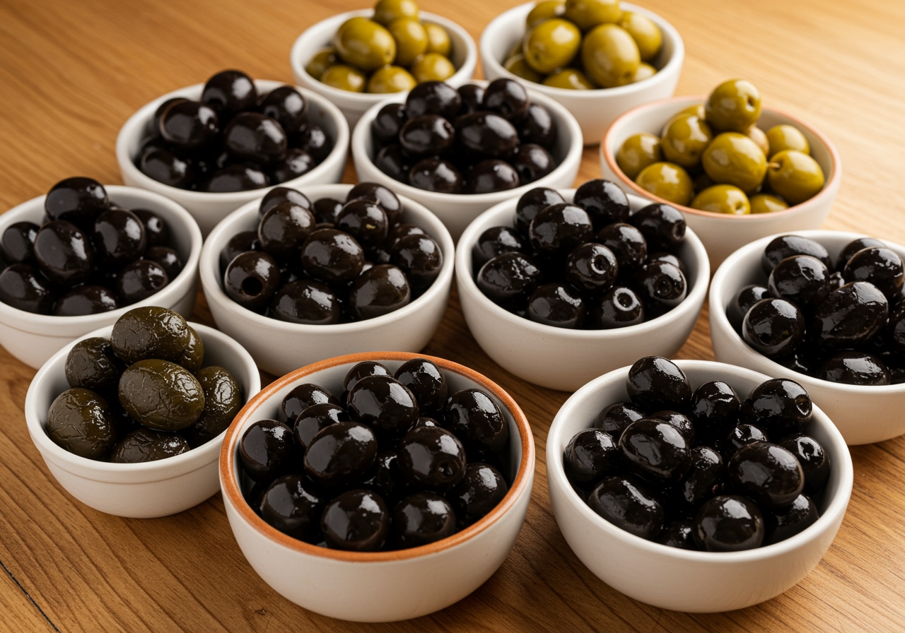 Various types of black olives in bowls - some pitted, some with pits, some in oil, some in brine, displayed on a wooden table.