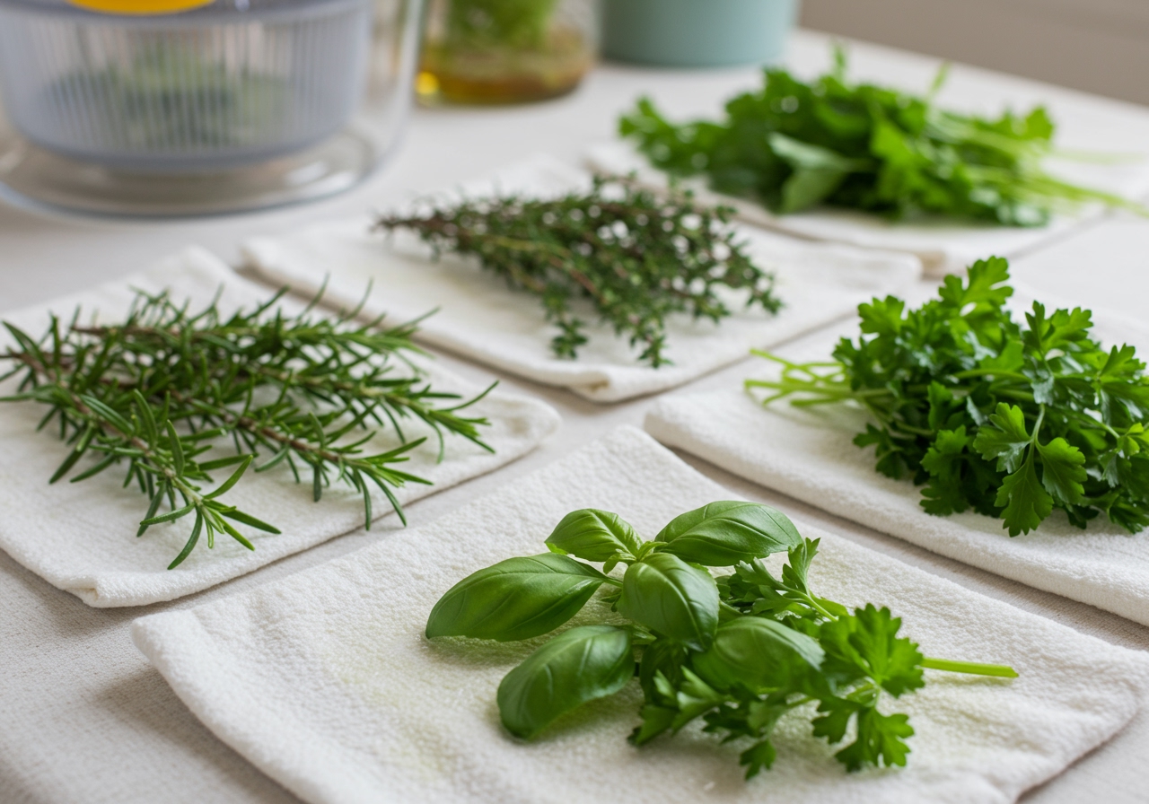 Various types of fresh herbs (rosemary, thyme, basil, parsley) laid out on clean kitchen towels, gently air-drying after being washed. A salad spinner is visible in the background.