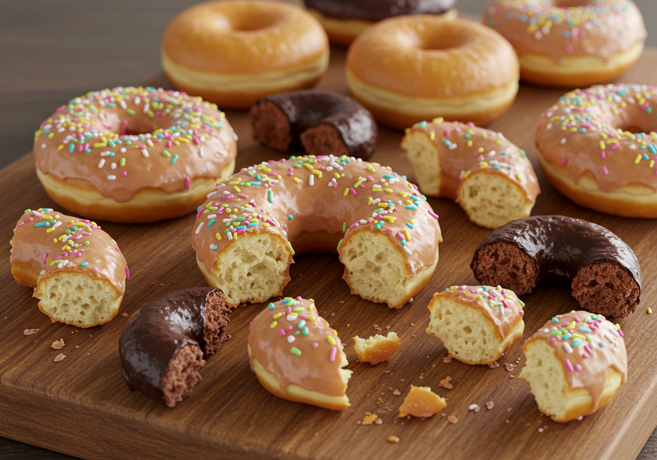 Various types of leftover donuts (glazed, chocolate, plain) being prepared on a cutting board - some whole, some sliced or crumbled.