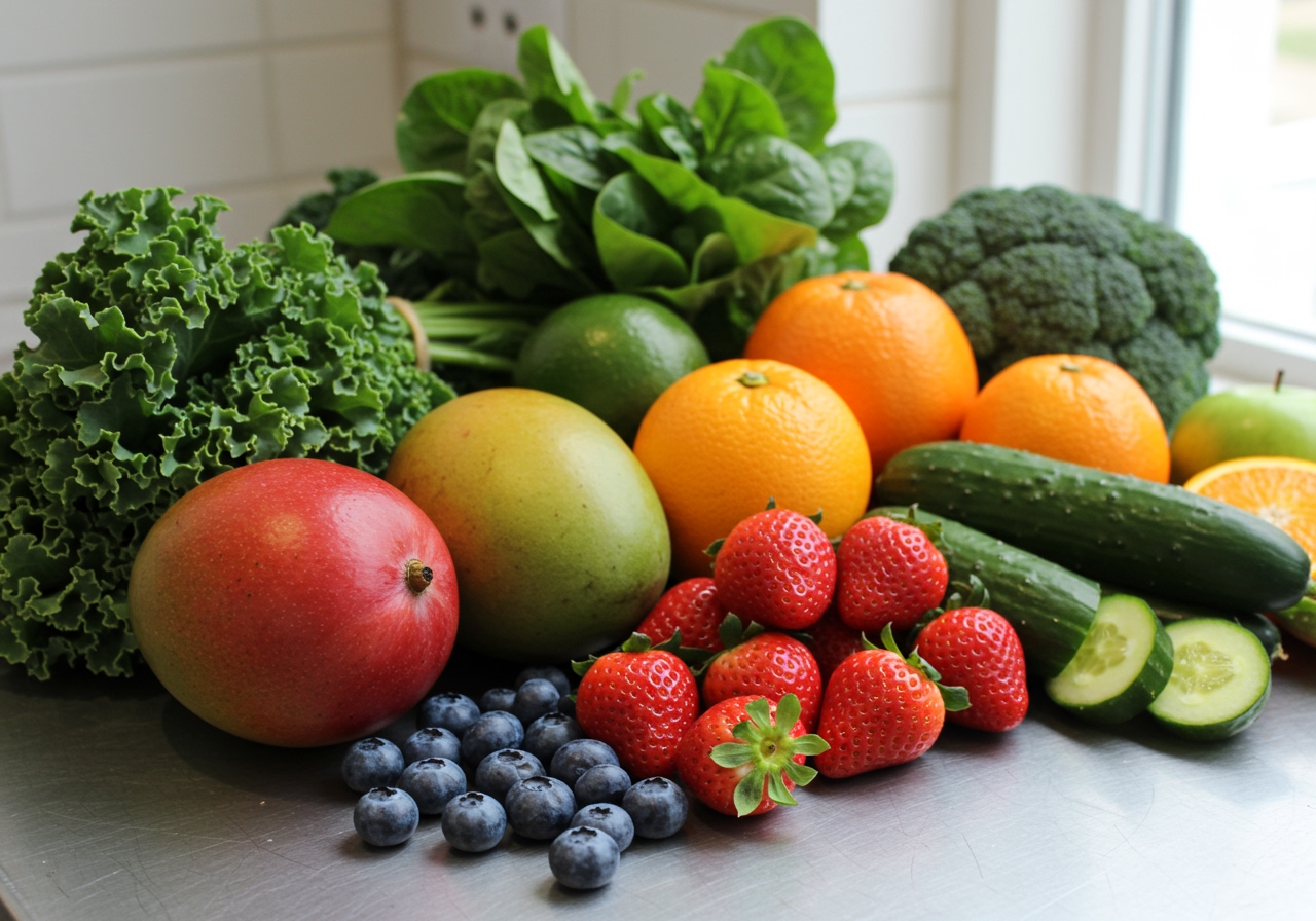 Various whole fruits and vegetables suitable for smoothies on a kitchen counter