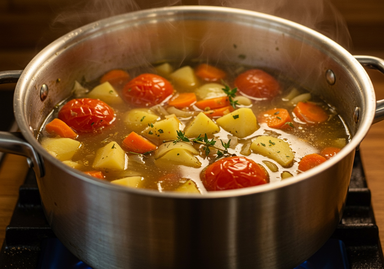 Vegetables and tomatoes simmering in a large pot with broth