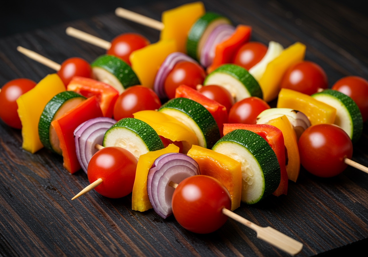 Vibrant, colorful chopped vegetables like bell peppers, red onions, zucchini, and cherry tomatoes arranged neatly on skewers, ready for grilling.