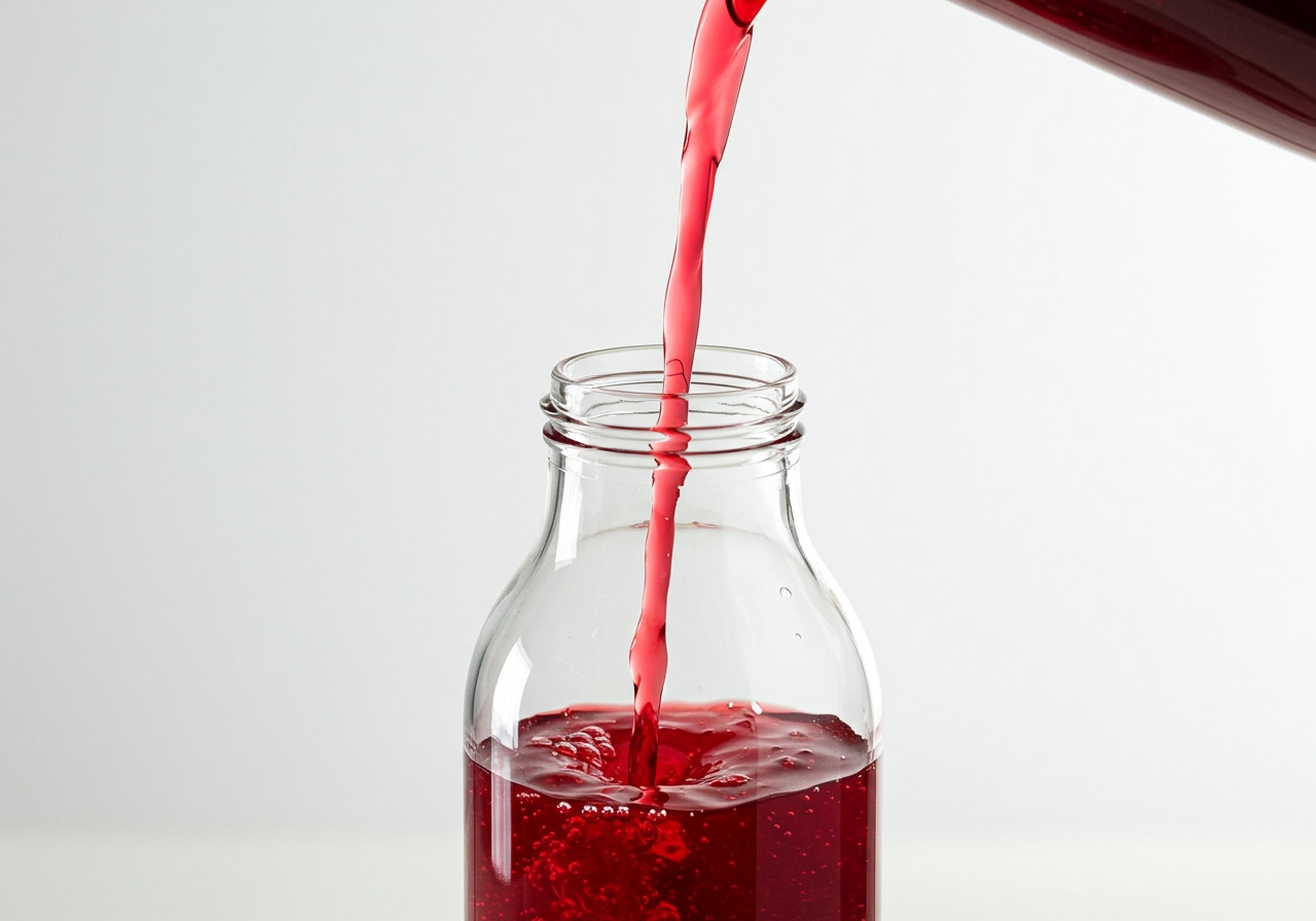 Vibrant red shiso juice concentrate being poured into a glass bottle