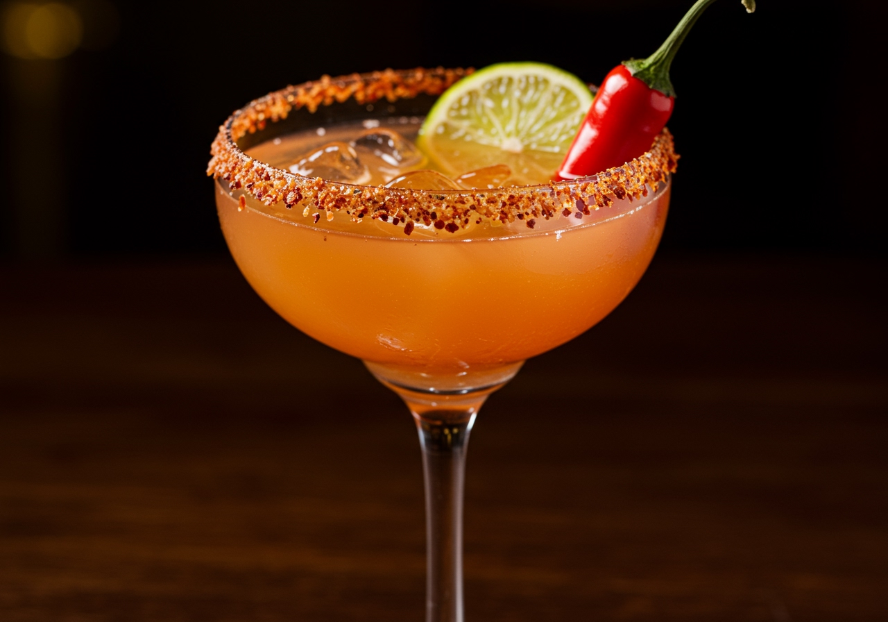 Vibrant spicy mezcal margarita in a glass with a chili salt rim, garnished with a lime slice and a small chili pepper.