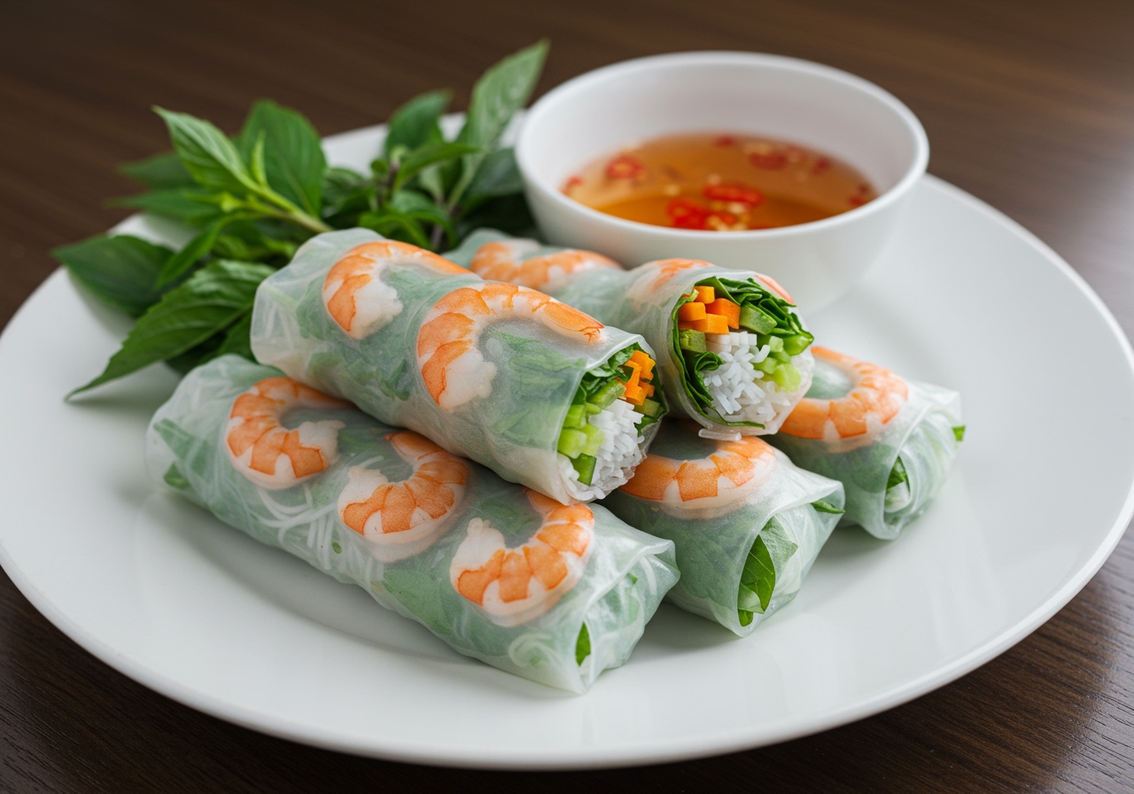 Vibrant Vietnamese fresh spring rolls (Gỏi cuốn) arranged on a white plate, with a small bowl of dipping sauce next to them. The rolls are translucent, showing colorful fillings like shrimp, herbs, and vermicelli.