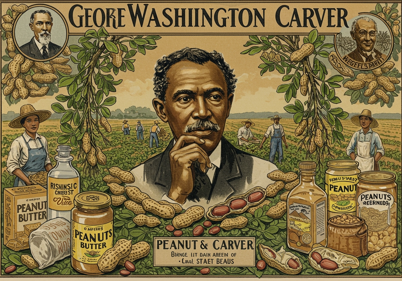 Vintage illustration of peanut butter cookie making or a historical image related to George Washington Carver and peanuts.