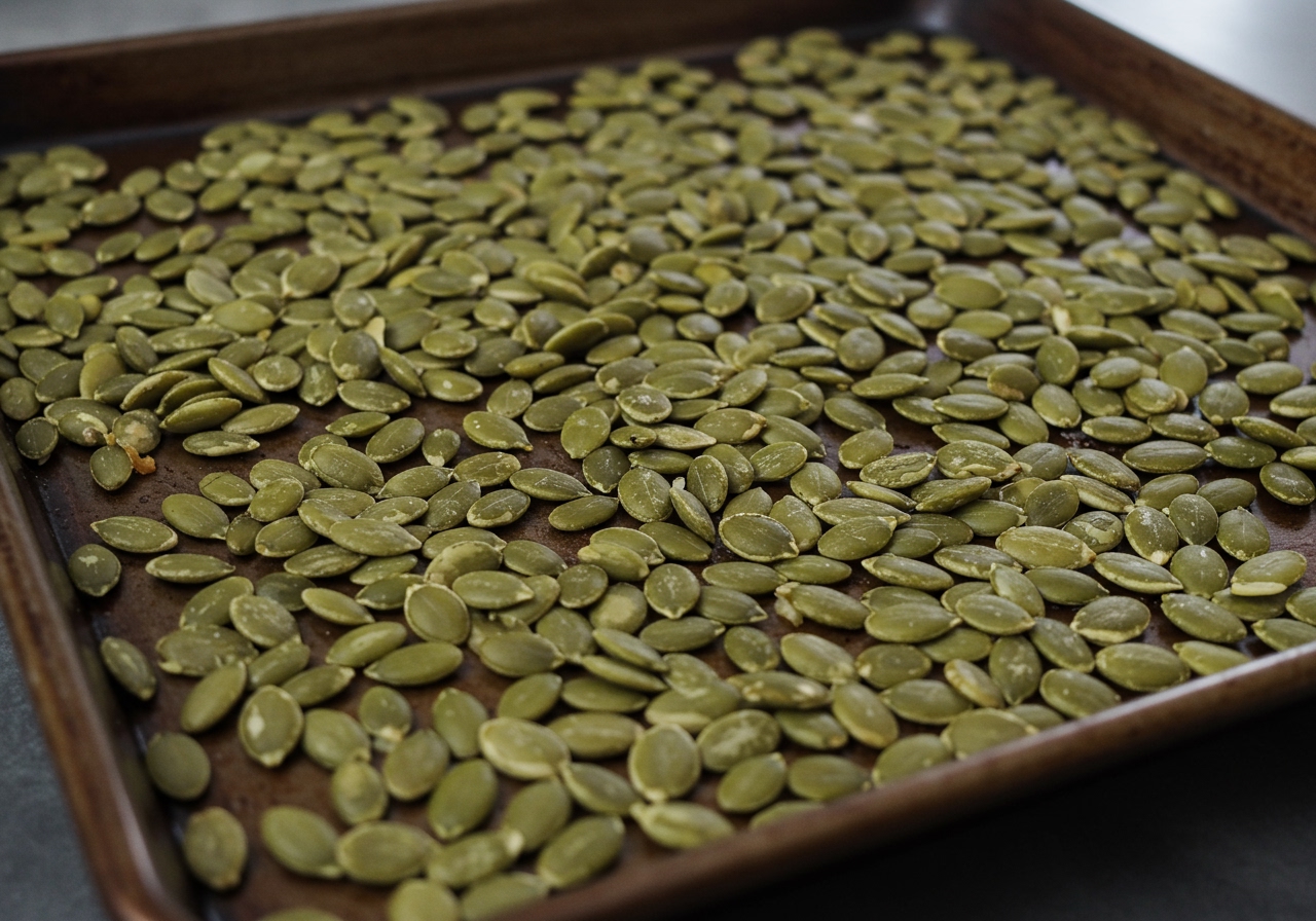 Washed and dried pumpkin seeds spread on a baking sheet