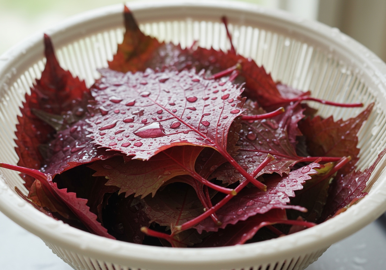 Washed red shiso leaves in a colander